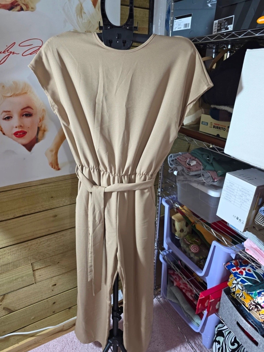 Women's Neutral Tie-Waist Jumpsuit - Beige